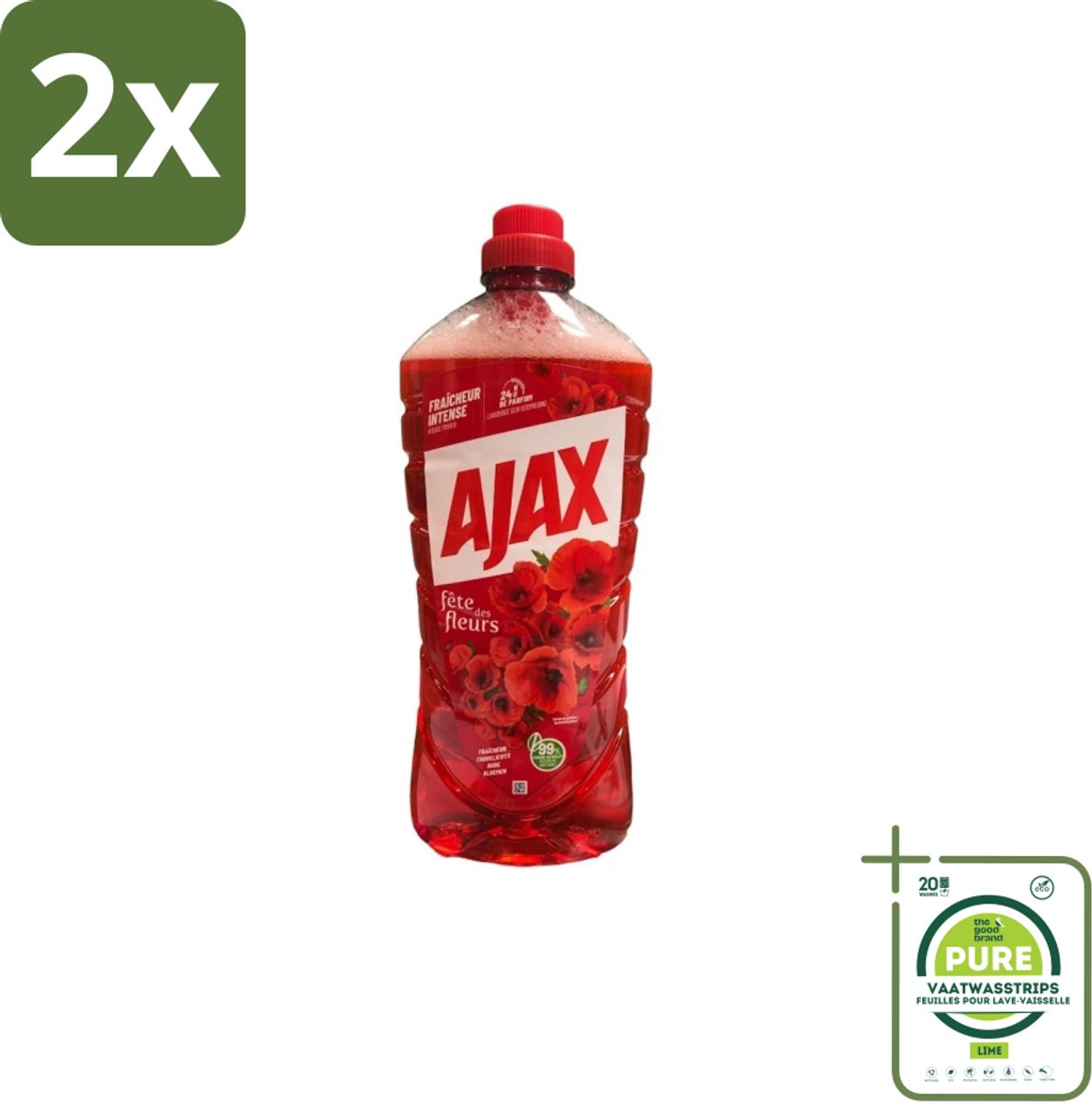 Ajax – Allesreiniger – Rode Bloemen – 1,25 L - Voordeelverpakking - 2 stuks - Allesreiniger rode bloemen - Reiniger 1.25 l