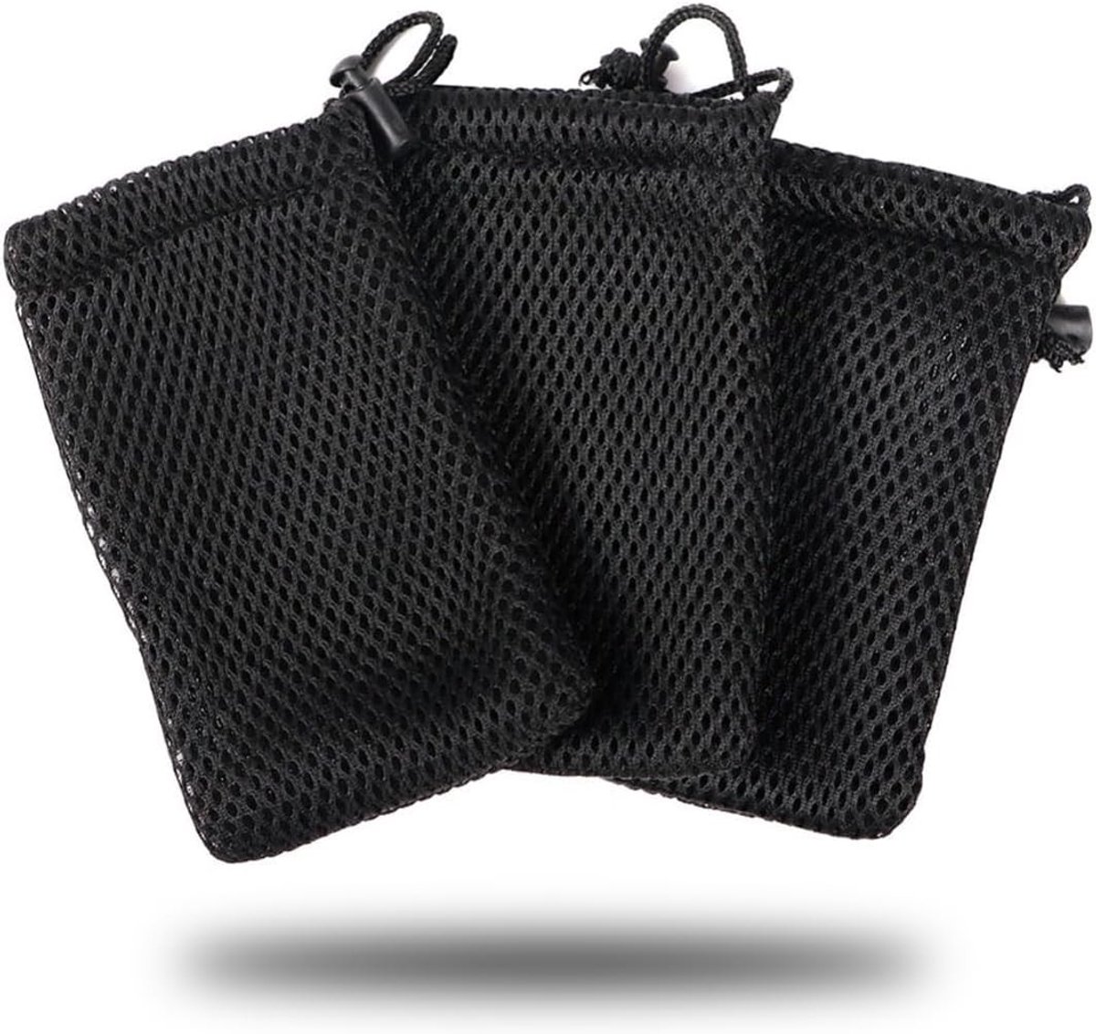 3-delige Zwarte Trekkoord Mesh Tas - Dikke Nylon Opbergzak voor Mini Spullen, Opladers en Sleutels