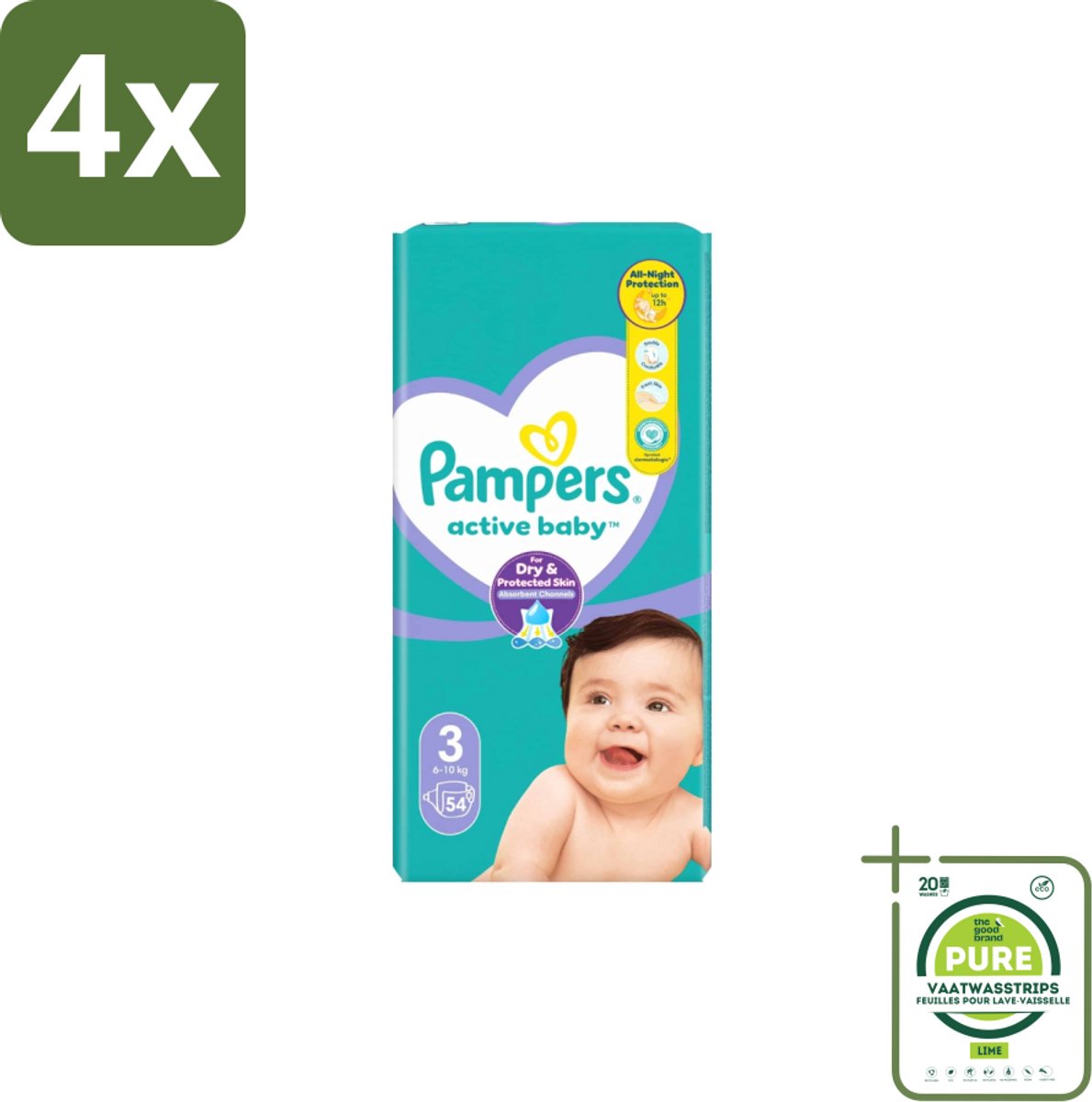 Pampers – Luiers – Active Baby Maat 3 – 54 Luiers - Voordeelverpakking - 4 stuks - Baby luiers - Droge nachten