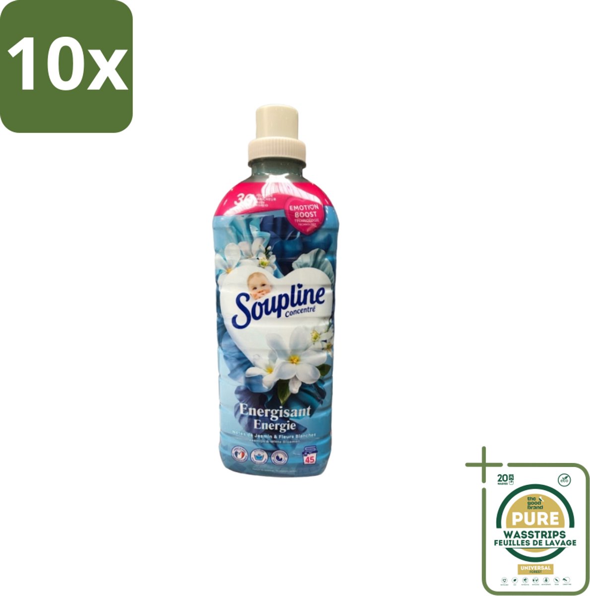 10 x Soupline – Wasverzachter – Energie Jasmijn & Witte Bloemen – 950 ml - Grootverpakking - Wasverzachter - Jasmijn - Witte Bloemen - Fris - Energie