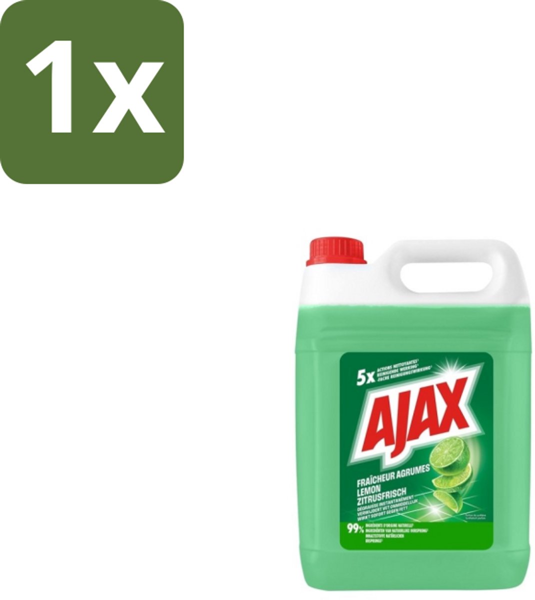 1 x Ajax Allesreiniger Limoen 5 liter - Allesreiniger Limoen - Krachtige Reiniger - Vet Verwijderen - Frisse Geur - Biologisch Afbreekbaar