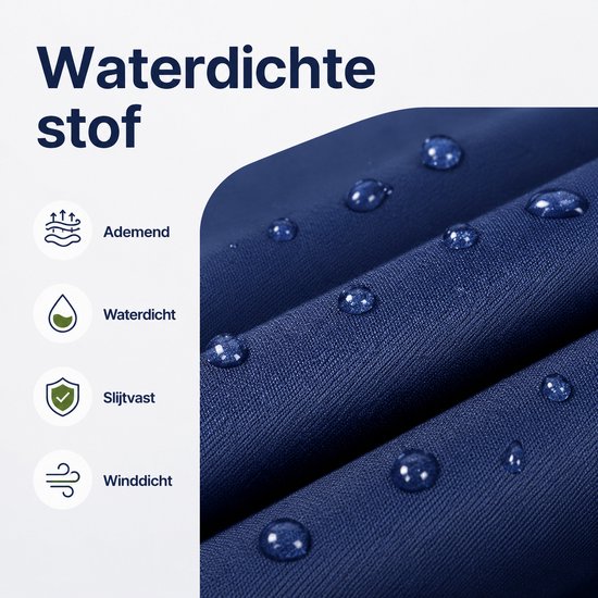 Donkerblauwe stof met waterdruppels, kenmerken: ademend, waterdicht, slijtvast, winddicht.
