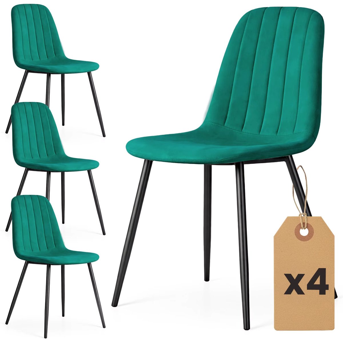 Set van 4 Velours Eetkamerstoelen – Groen Gestoffeerde Stoelen met Gewatteerde Zitting – Moderne Eetkamerstoelen met Zwarte Poten
