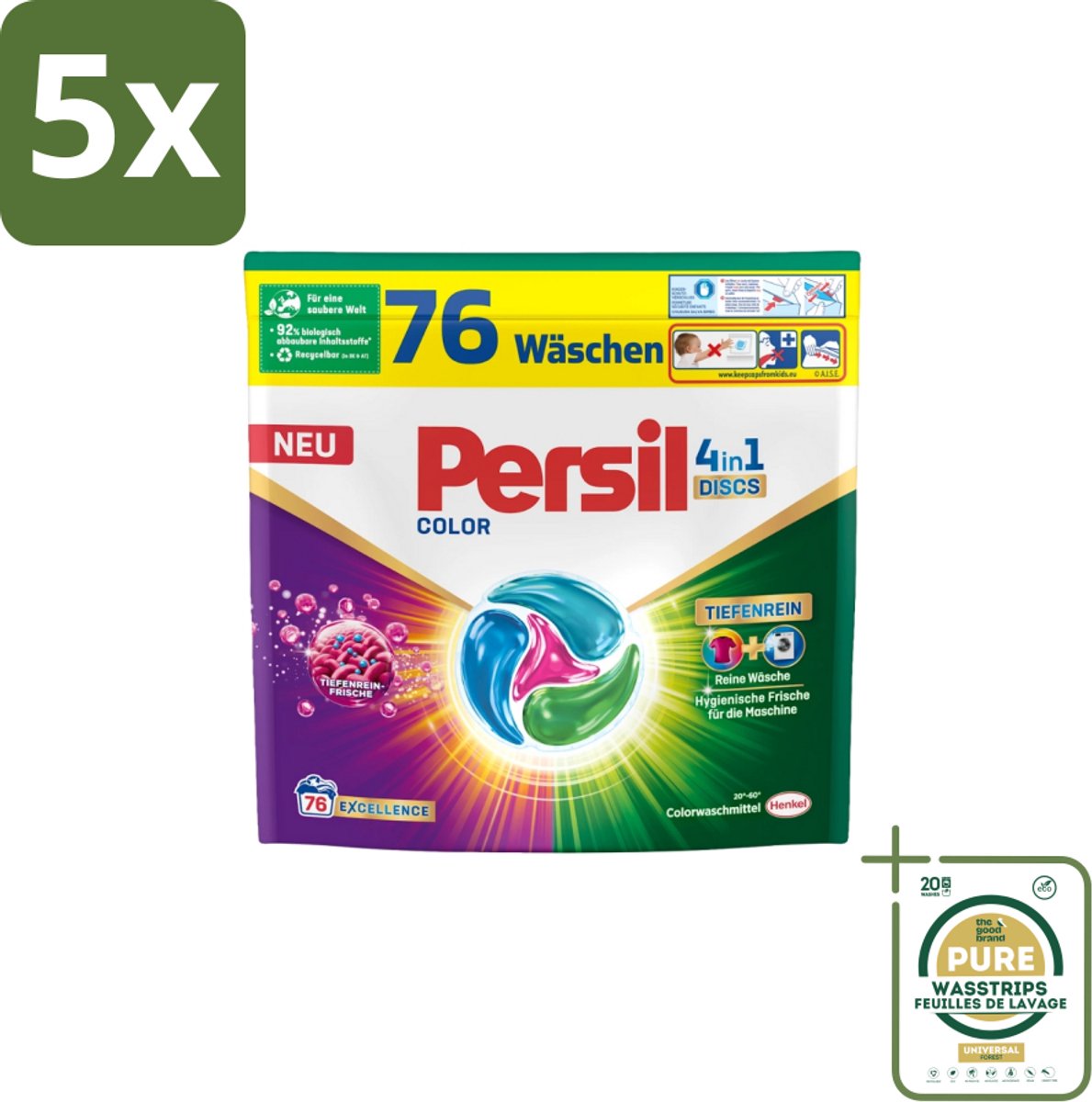 5 x Persil – Wasmiddel Discs 4-in-1 – Color - 76 Capsules - Grootverpakking - Wasmiddel - Kleuren Beschermen - Vlekken Verwijderen - Wasdiscs - Gekleurde Was