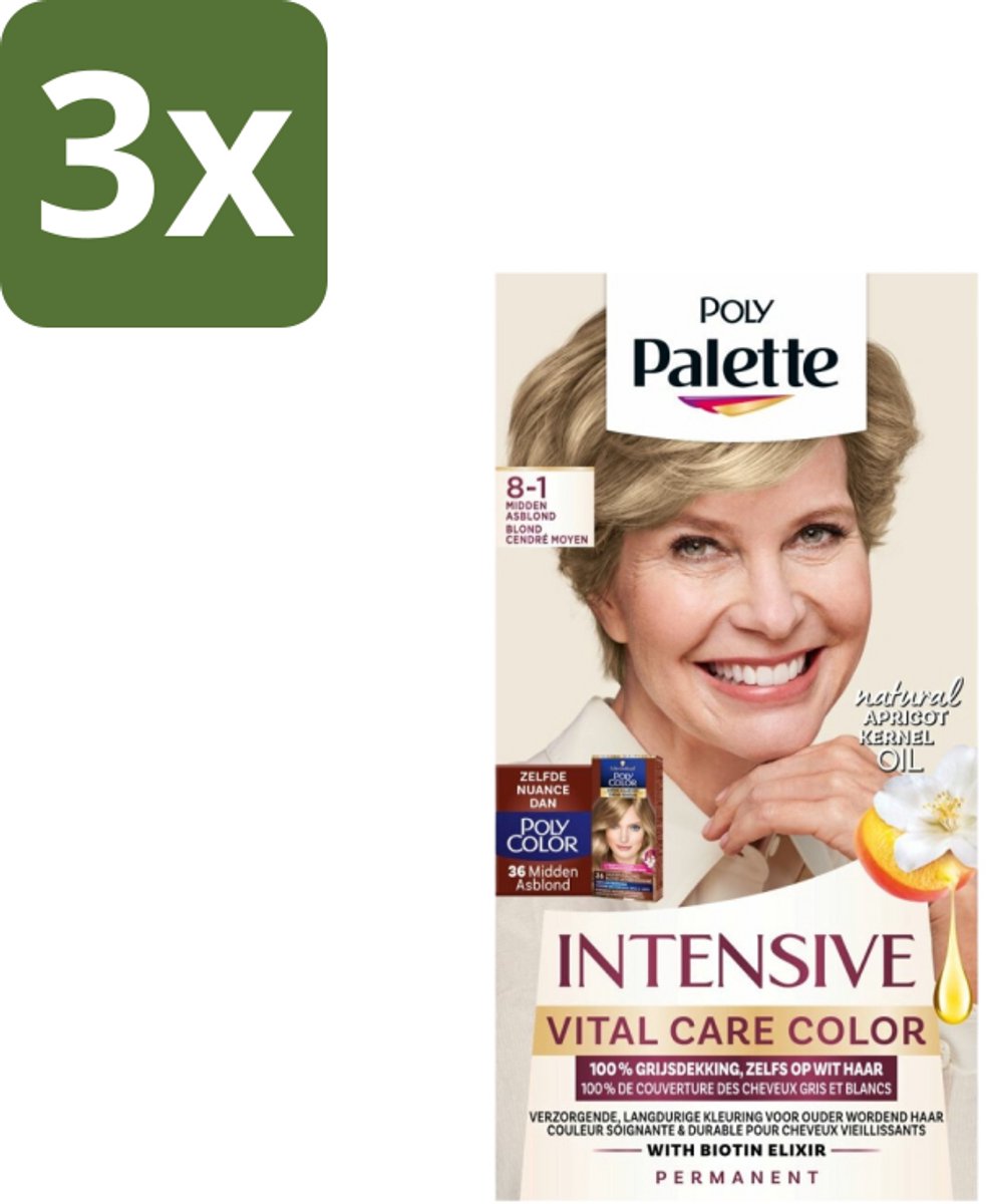 3 x Poly Palette – Haarverf – 8-1 Midden Asblond – 115 ml - Asblond - Grijsdekking - Natuurlijke Kleur - Koel Blond - Haarkleur