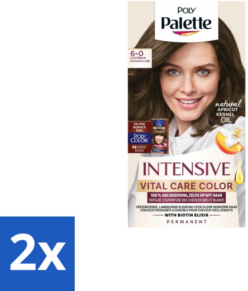 2 x Poly Palette – Haarverf – 6-0 Lichtbruin – 115 ml - Haarkleur - Haarkleuring - Grijsdekking - Lichtbruin - Permanente Haarkleuring