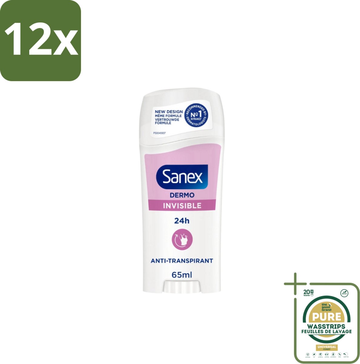 Sanex – Deodorant Stick – Dermo Invisible – 65 ml - Voordeelverpakking - 12 stuks - Onzichtbare deodorant - Huidvriendelijke deodorant