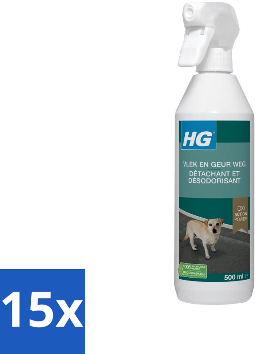 15 x HG - Vlek & Geur Weg Spray - Hond - Oxi Action Power - Hardnekkige Werking - 500 ml - Hondvlek Weg - Hondgeur Weg - Hondvlek Neutraliseren - Hondgeur Neutraliseren - Vlek Op Tapijt