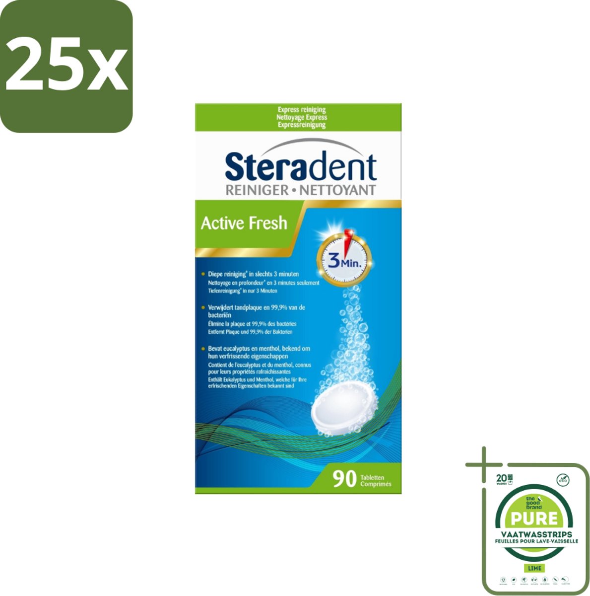 25 x Steradent - Kunstgebitreiniger - Active Fresh - Menthol En Eucalyptus - 90 Tabletten - Grootverpakking - Kunstgebit Reiniging - Kunstgebit Tabletten - Geurvrij Kunstgebit - Frisse Geur Kunstgebit - Tandplak Verwijderen Kunstgebit