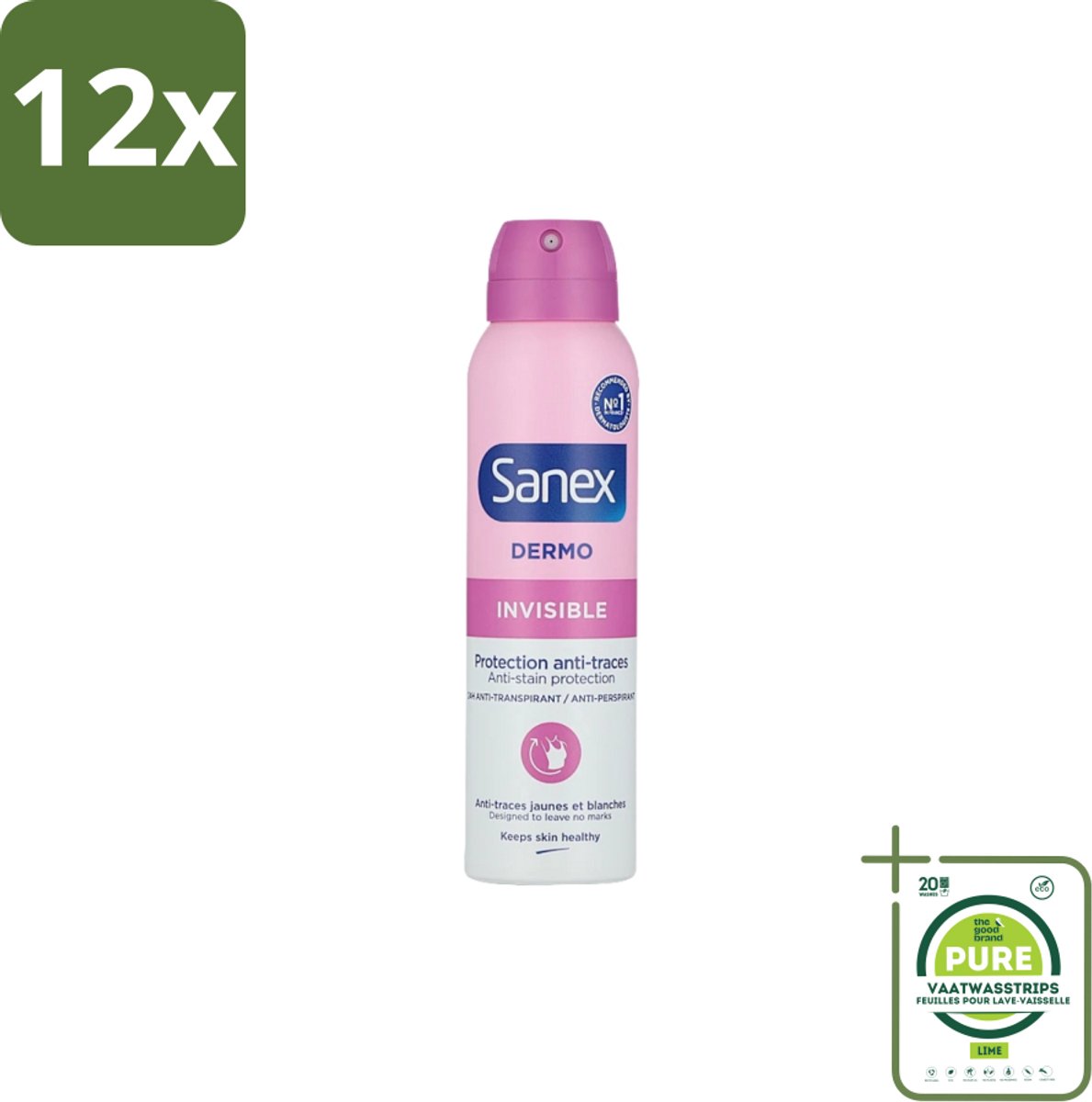 Sanex – Deodorant Spray – Dermo Invisible – 150 ml - Voordeelverpakking - 12 stuks - Onzezichtbare deodorant - Deodorant spray