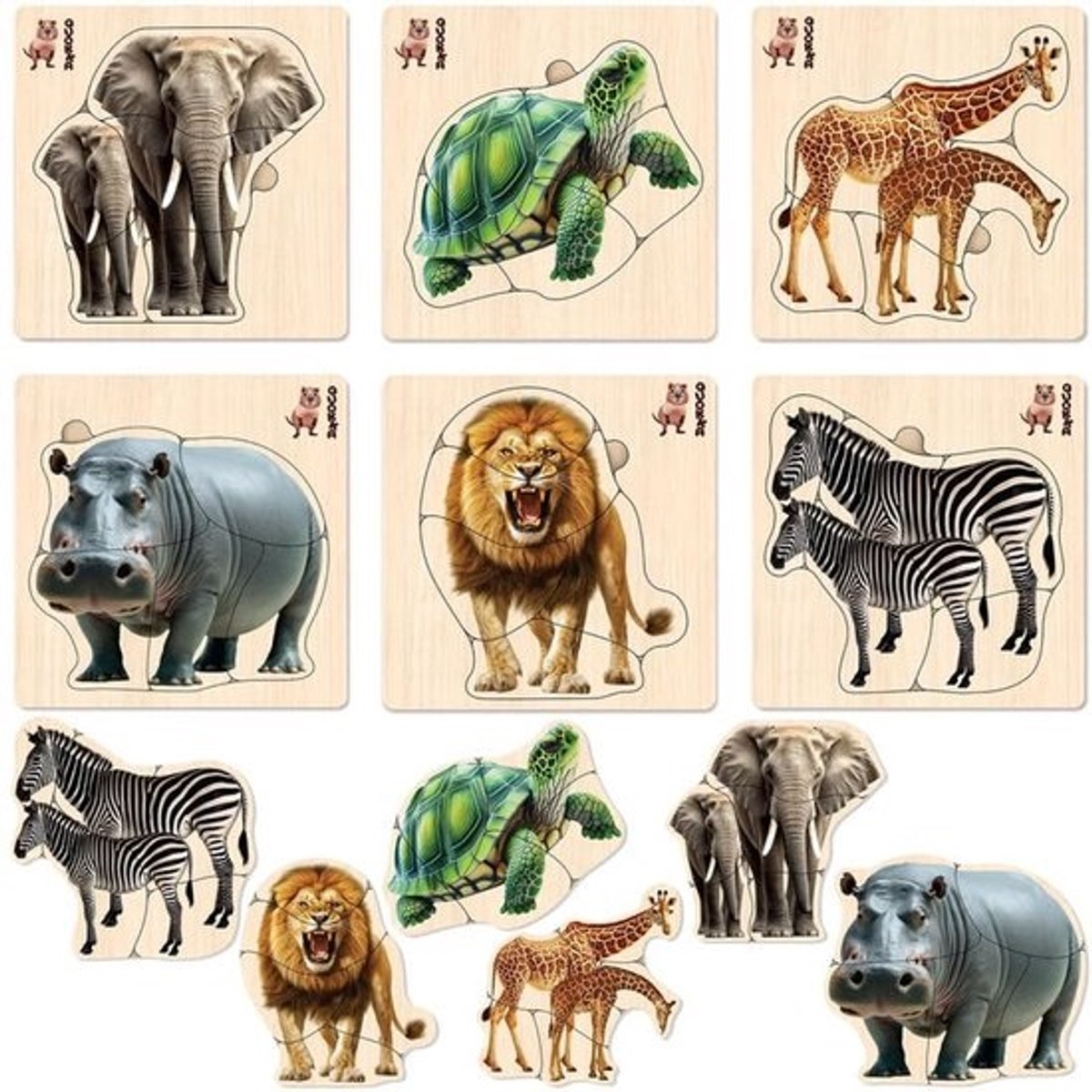 Houten Puzzels voor Peuters 1-3 Jaar - Safari Montessori Motoriek Speelgoed