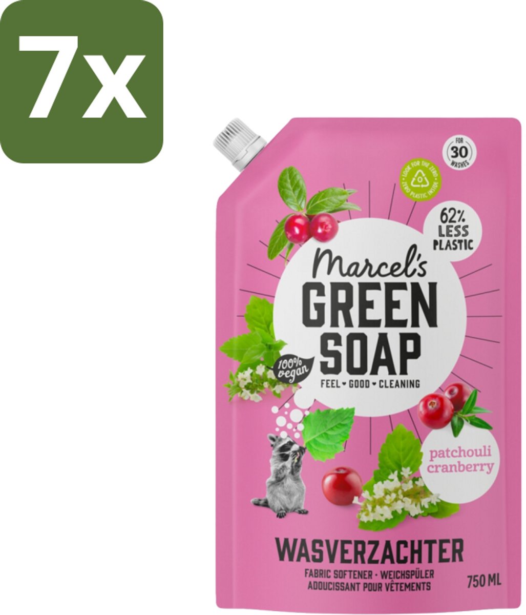 Marcel’s Green Soap – Wasverzachter – Patchouli & Cranberry - Navulling – 750 ml - Bulkverpakking - 7 stuks