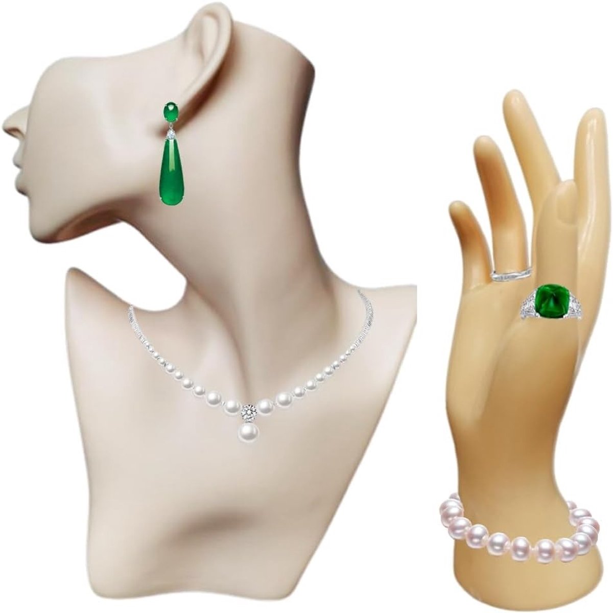 Set van 2 Stuks Sieraden Mannequin Display Set voor Armband, Ring en Oorbellen - Perfecte Houders voor Thuisdecoratie en Verkooppresentatie, beige