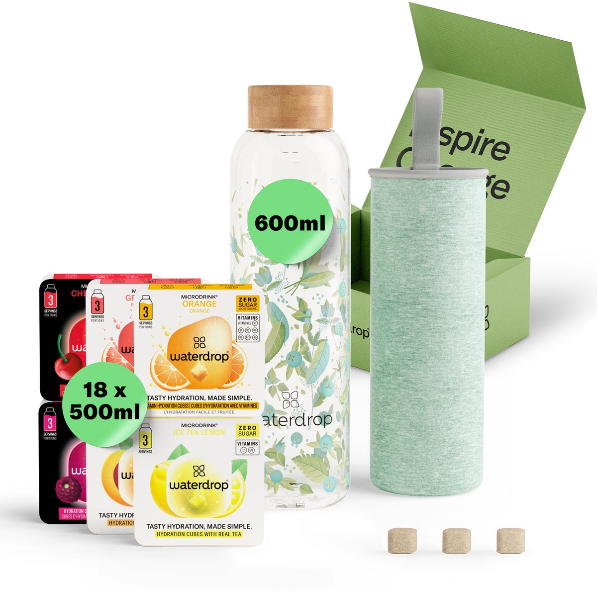 waterdrop® Starterset Glas - Clean Melange - Glazen Drinkfles 600ml + 18 Microdrink Bruistabletten – Herbruikbare Waterfles, Lekvrij, BPA-vrij, Ideaal voor Thuis, Werk, Sport, Reizen – Hydratatie Set, Cadeau Idee