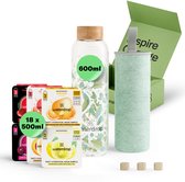 Waterdrop starter set met glazen fles 600ml, lichtgroen hoesje, 3x Microdrink Orange, 3x Ice Tea Lemon, 12x Microdrink met fruit smaak, en 3 blokjes.