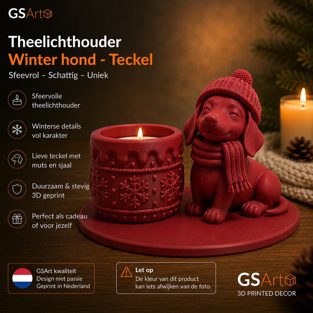 GSArt Theelichthouder Winter Hond Teckel – Winterdecoratie met LED-licht - Mat Donker rood