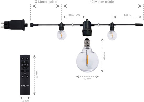 Afmetingen en onderdelen van het lichtsnoer: 42 meter kabel, 75 lampen, adapter en afstandsbediening.