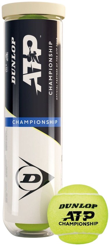 Dunlop ATP Championship tennisballen in een doorzichtige verpakking met één losse bal ernaast.