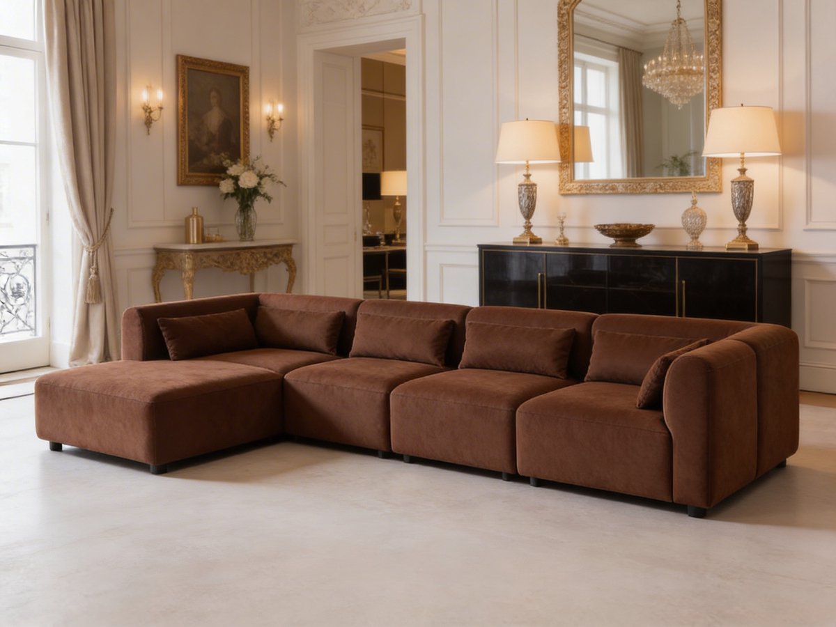 Rovira Lounge – Koningstijl – Bruine Hoekbank – Royale Loungebank – Inclusief Rugkussens – Luxe Design Bank voor Woonkamer
