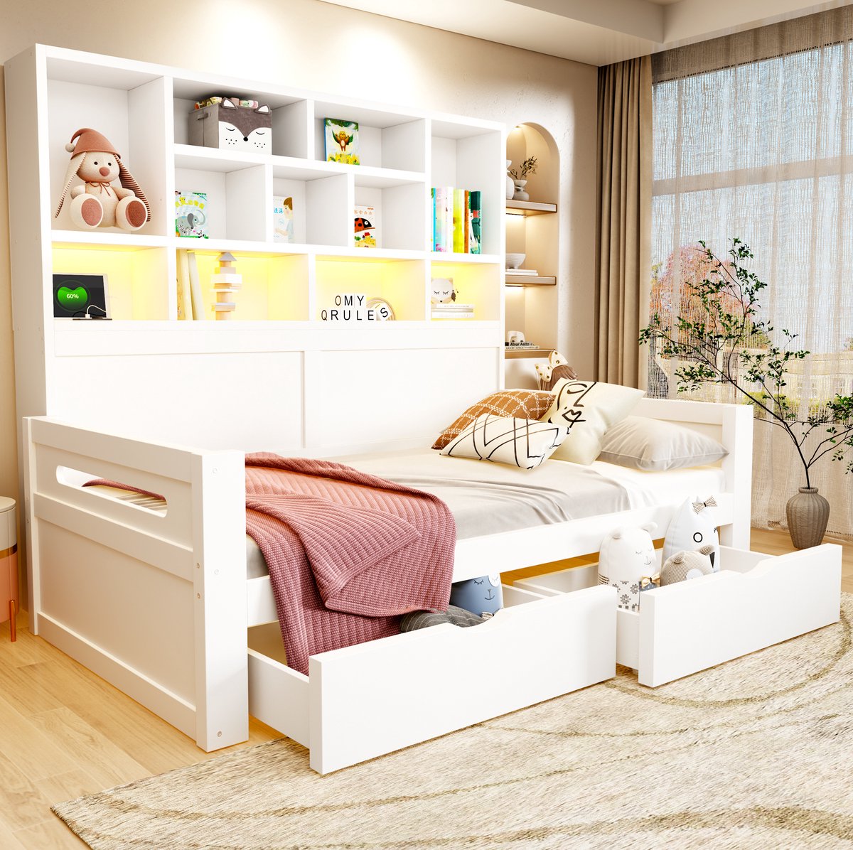 COVREO Slaapbank 90x200 cm wit MDF, LED-verlichting, opbergruimte en lades