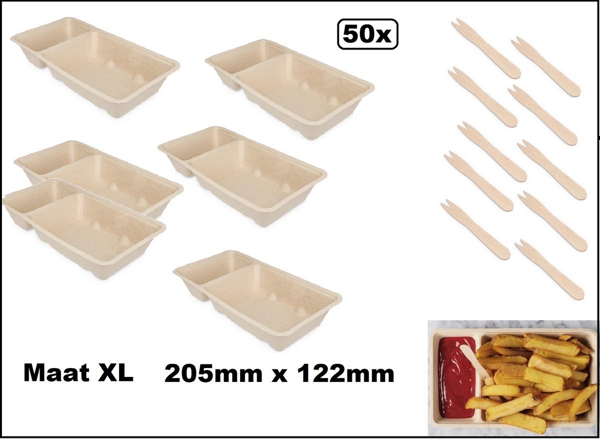 50 stuks Frietbakje met sausvak + snackvork - mt.XL - 100% biologisch afbreekbaar - Patat friet frites bakje snack bak food menu A20(A14+1)