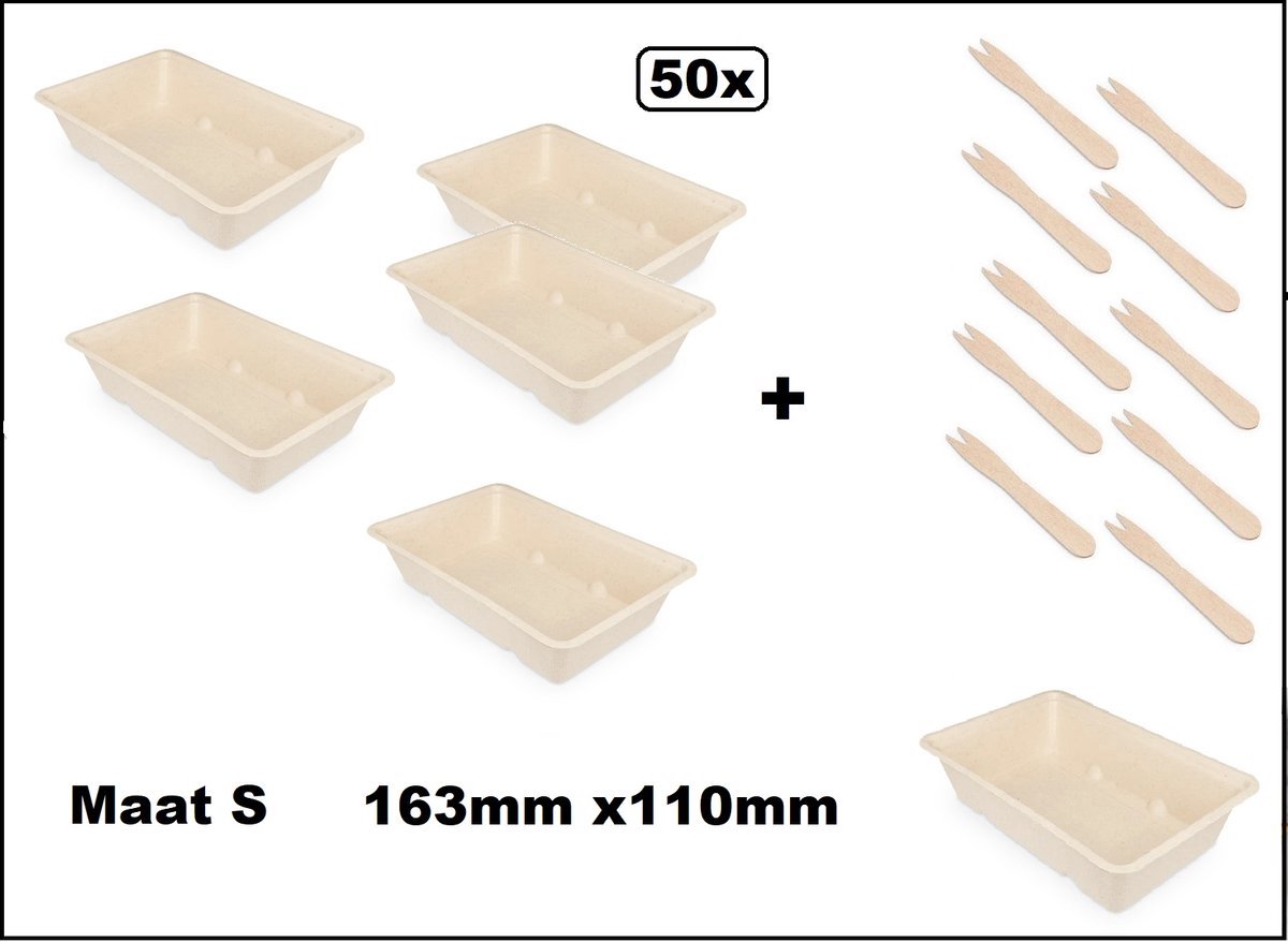 50 stuks Frietbakje + snackvork - mt.S - 100% biologisch afbreekbaar - Patat friet frites bakje snack bak food menu A13