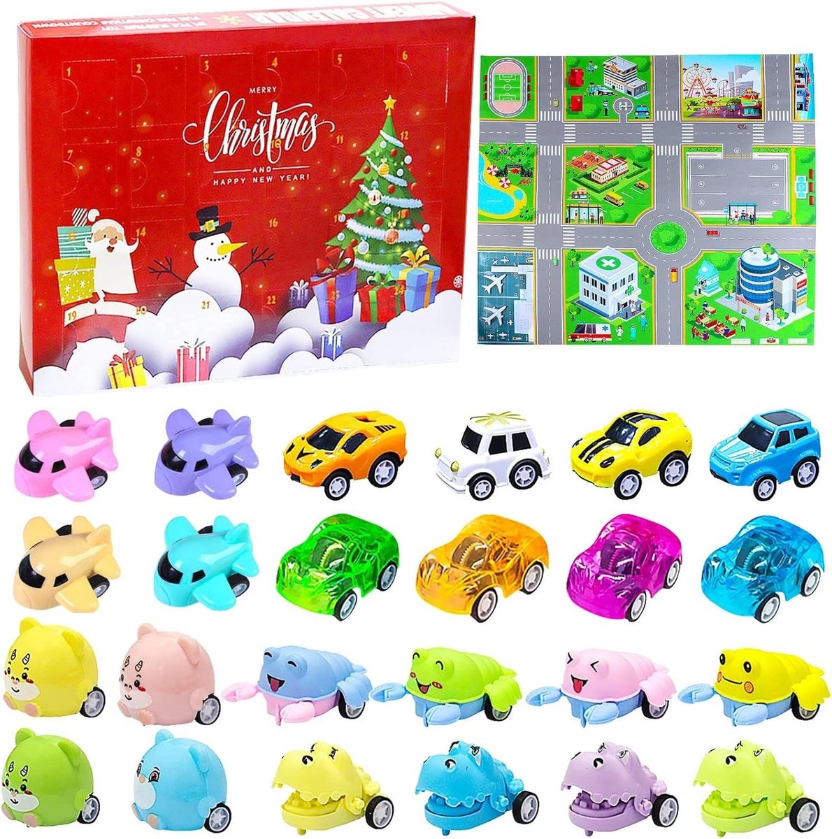 Adventskalender met 24 Speelgoedauto's en Dieren voor Kinderen - Perfect voor Kerst, Verjaardagen en Feestdagen met Verkeersscene Kaart