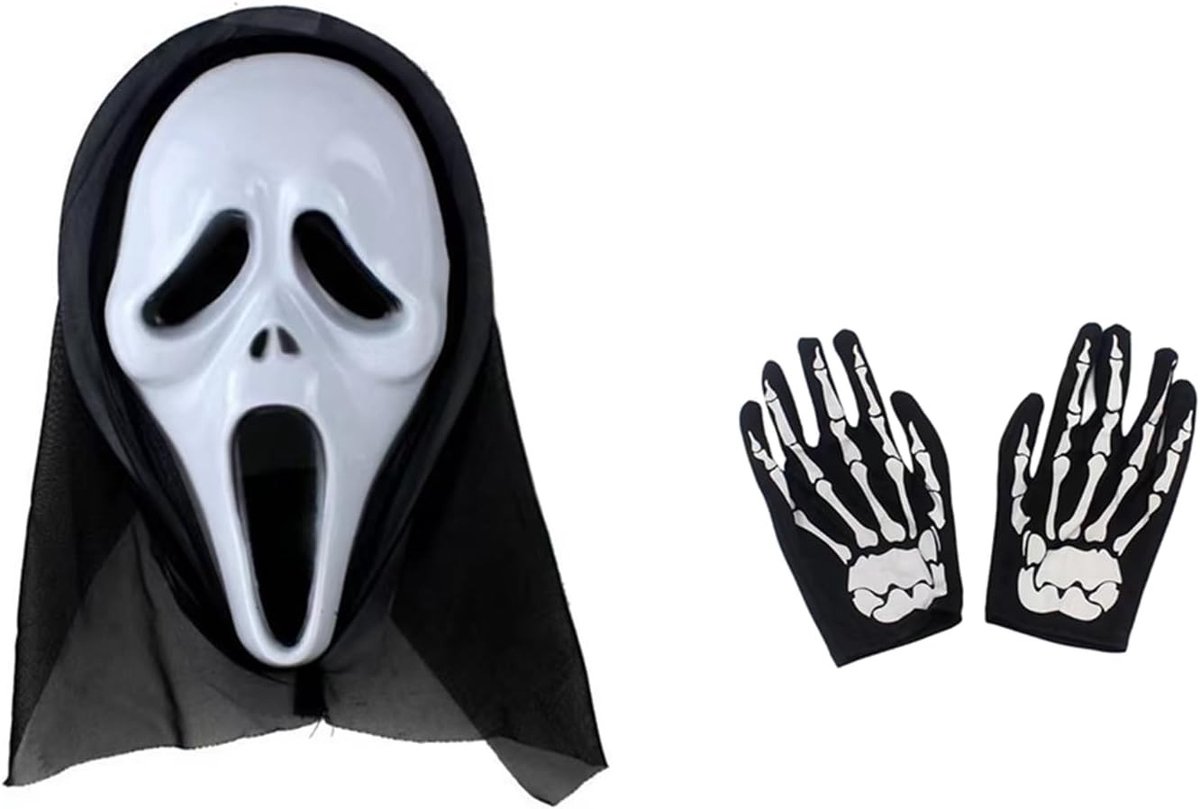 Skull Mask en Handschoenen Set voor Mannen - 5 Stuks, Kostuum voor Halloween, Zwart, Maat L