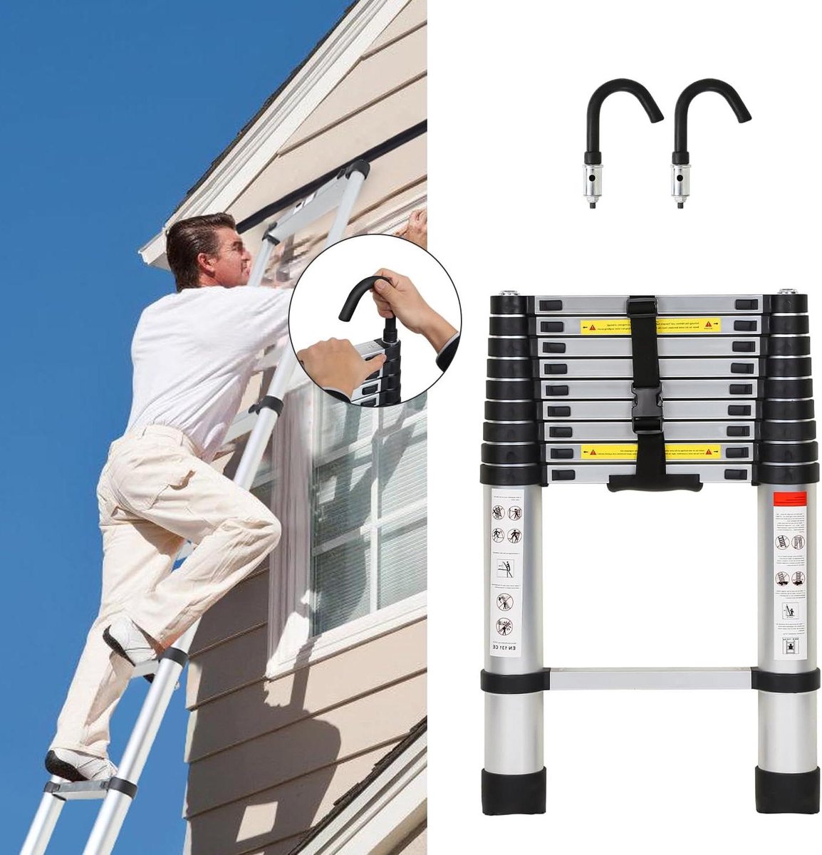 Telescopische ladder - Uittrekbare ladder - Veilig klussen - Afneembare haken - 26 meter - Zilver