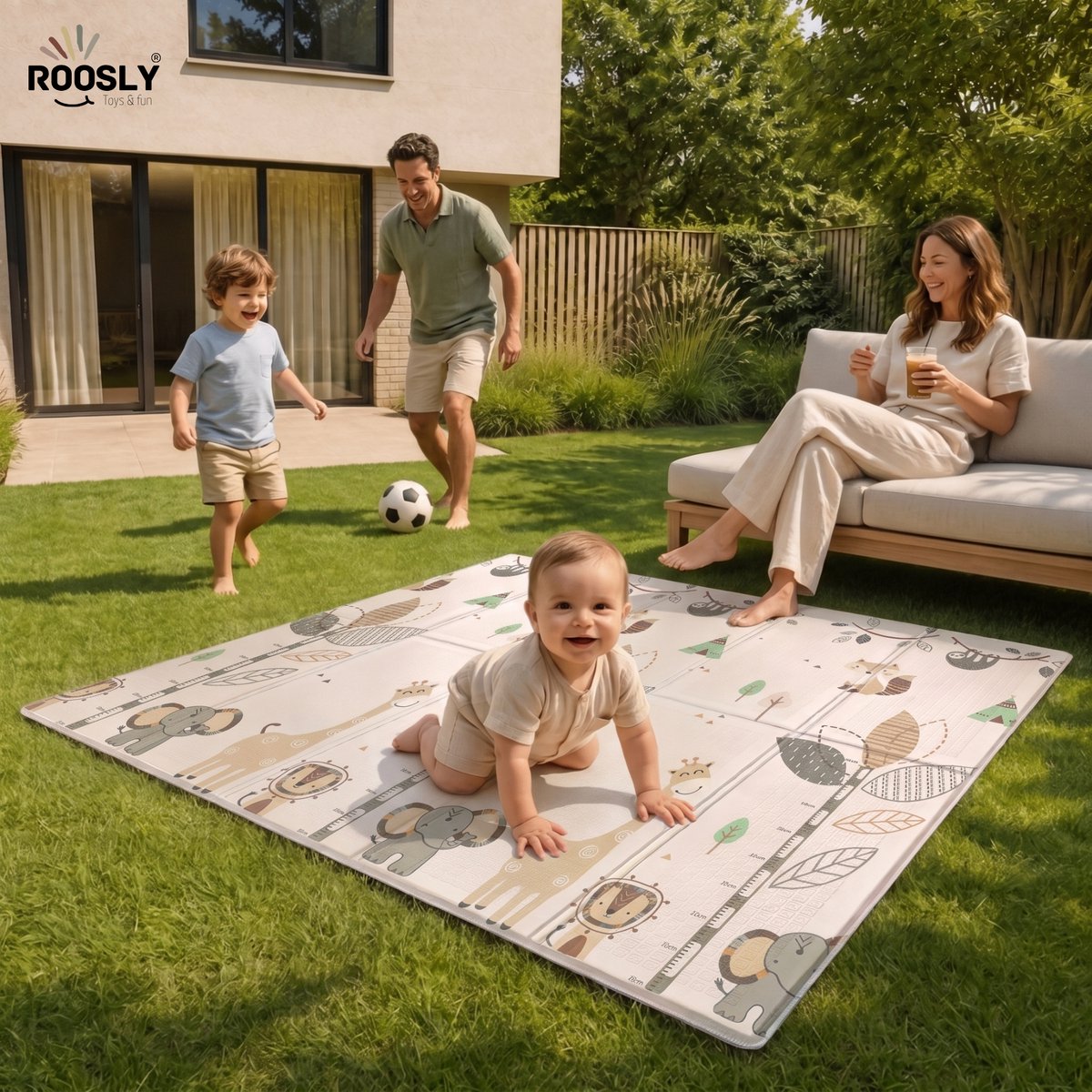 Roosly Speelmat Baby - Speelkleed Baby - Foam mat XPE 180 x 200 cm Dubbelzijdig en opvouwbare - Inclusief Opbergtas - babygym - kruipmat - playmat - speelgoed - Veilig & Zacht - model Safari – foto 5