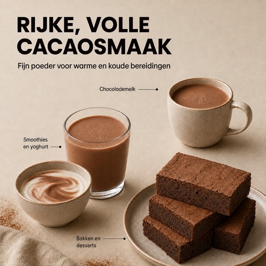 Een mok warme chocolademelk, een glas met smoothie, een schaaltje met yoghurt en een stapel brownies. Tekst: 'Rijke, volle cacaosmaak'.