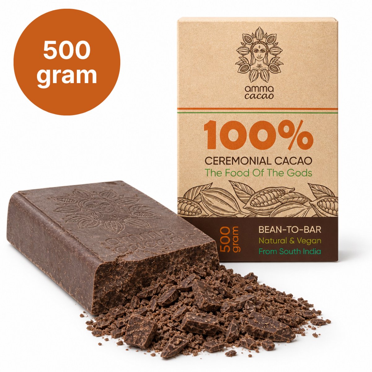 CacowGirls Amma Cacao India – Ceremoniële Cacao Blok 500 g – 100% Pure Cacaomassa – Zonder Suiker – Koffievervanger
