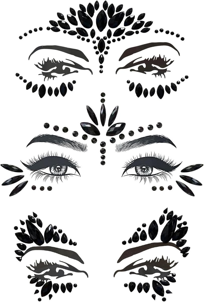 Set van 3 tijdelijke Halloween make-up tattoos met glitterstenen, rhinestones en juwelen voor feestelijke gezichten en evenementen