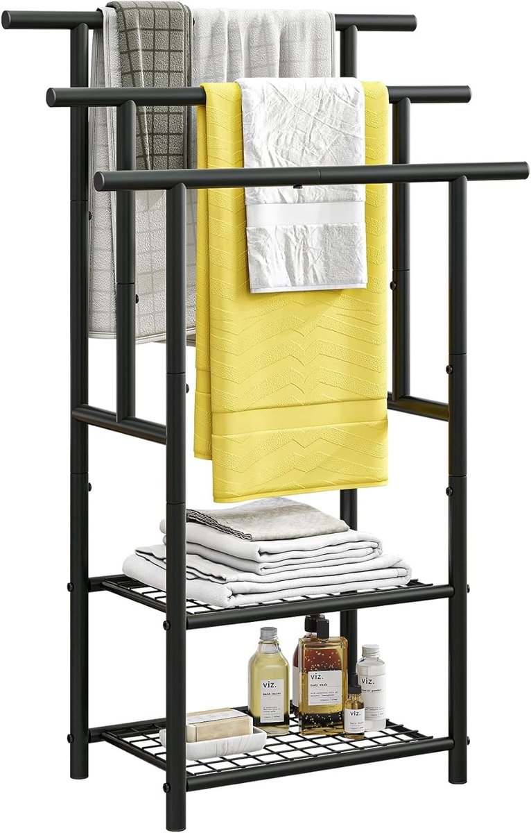 Staande Handdoekladder met 3 Rails en 2 Planken, Ruimtebesparend voor Badhanddoeken en Dekens, Stabiel Industrieel Design in Zwart