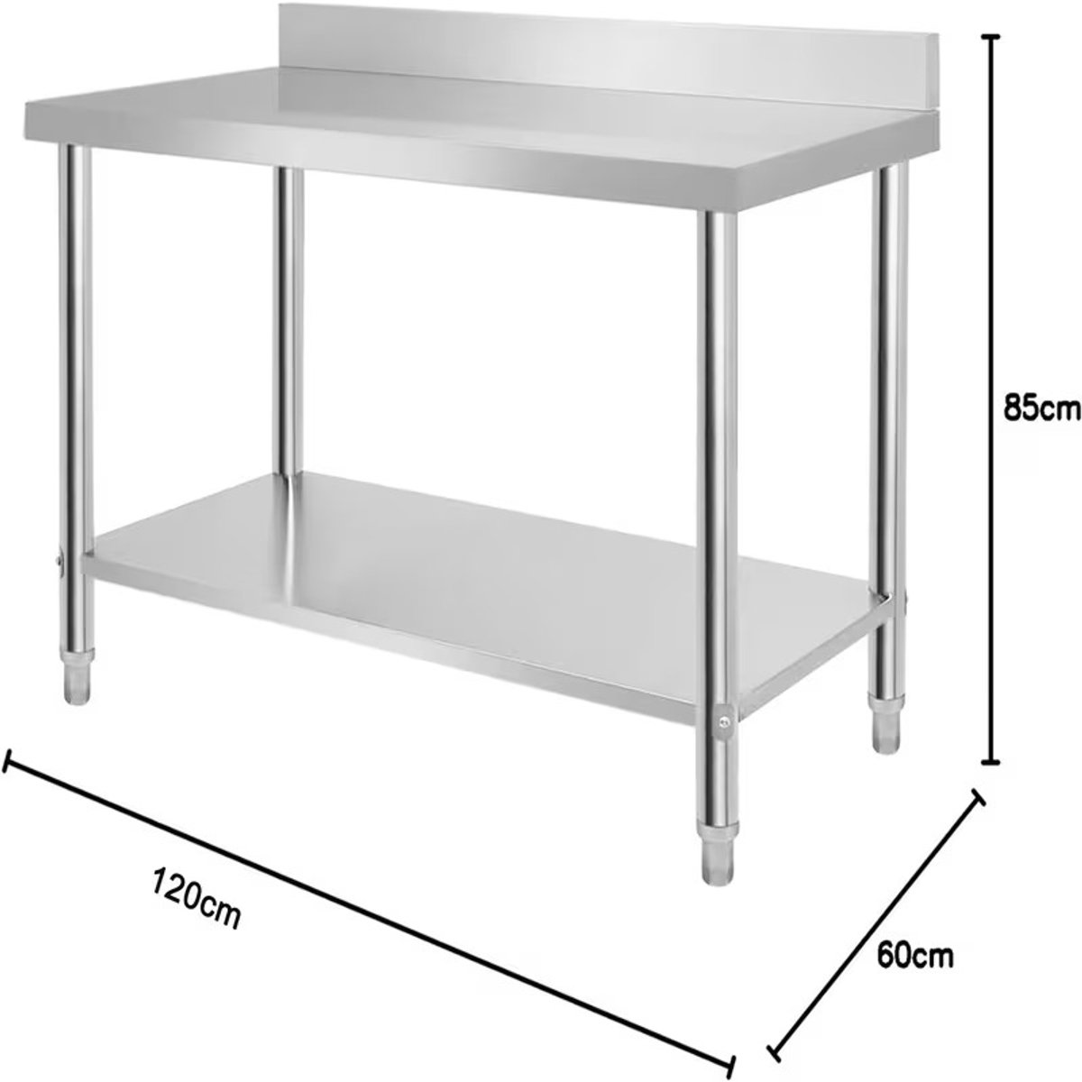 RVS Werktafel 120 x 60 x 85 cm – Verstelbare Keukenwerktafel van Roestvrij Staal met Opstaande Rand