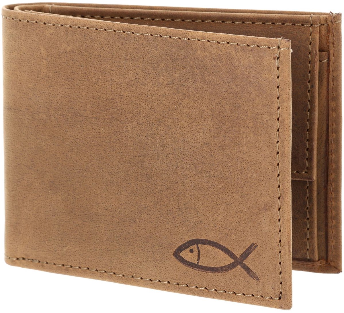 oxmox Leren portemonnee Leather RFID Protect Pocketbörse Freedom Fish Embossed Vintage Light Brown bruine