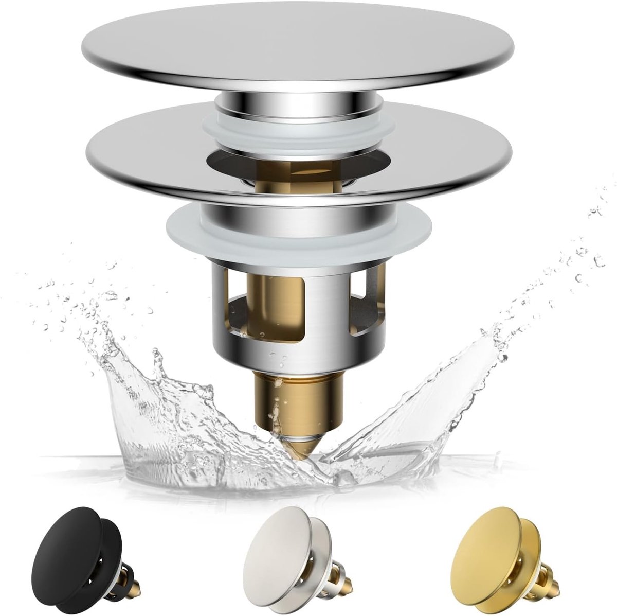 Pop-up afvoerstopper met zeef, messing veer, geschikt voor 28-60mm, universele vervangende afvoerplug voor wastafel en badkamer, chroomafwerking