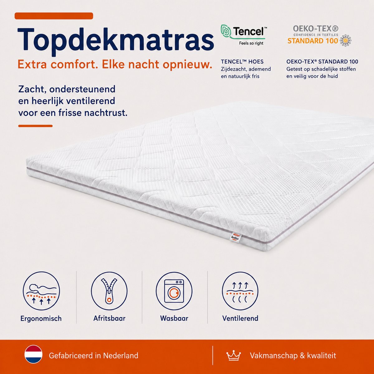 BestrestBedden - Matras Topper 200x220cm - Traagschuim - Topdekmatras - Tencel Hoes - 10cm dik - OkoeTex - Wasbare hoes - Zacht hardheid