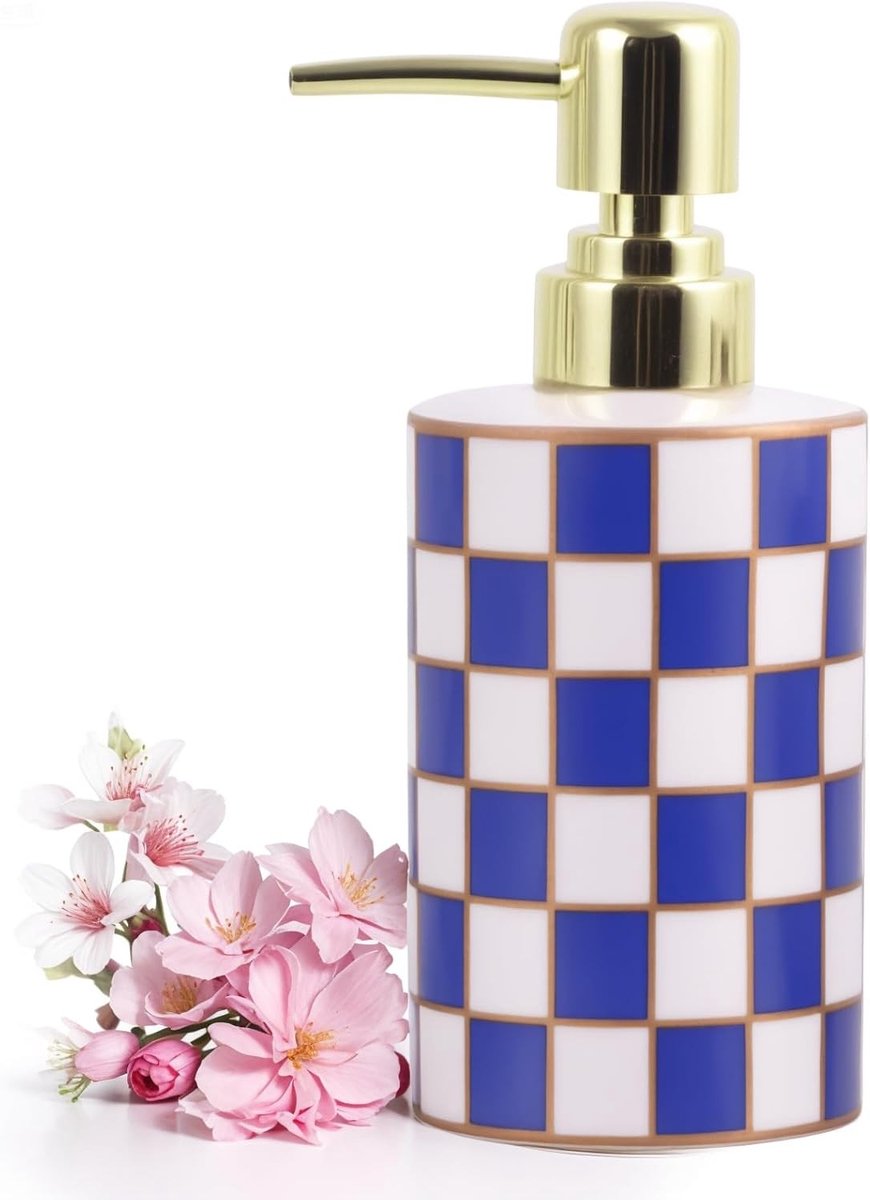 Elegante Keramische Zeepdispenser met Gouden Pomp voor Badkamer en Keuken, Ideaal als Organizer en Decoratie in Plaid Design (Blauw)