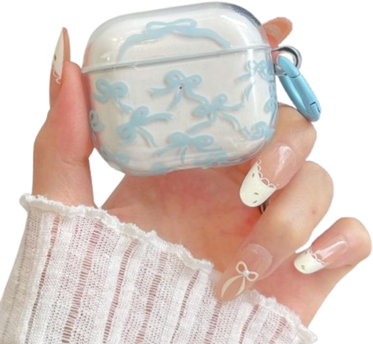 Schattige oordopjes hoes met strikpatroon en sleutelhanger voor AirPods 4e generatie - Beschermende case in blauw voor draadloze oordopjes