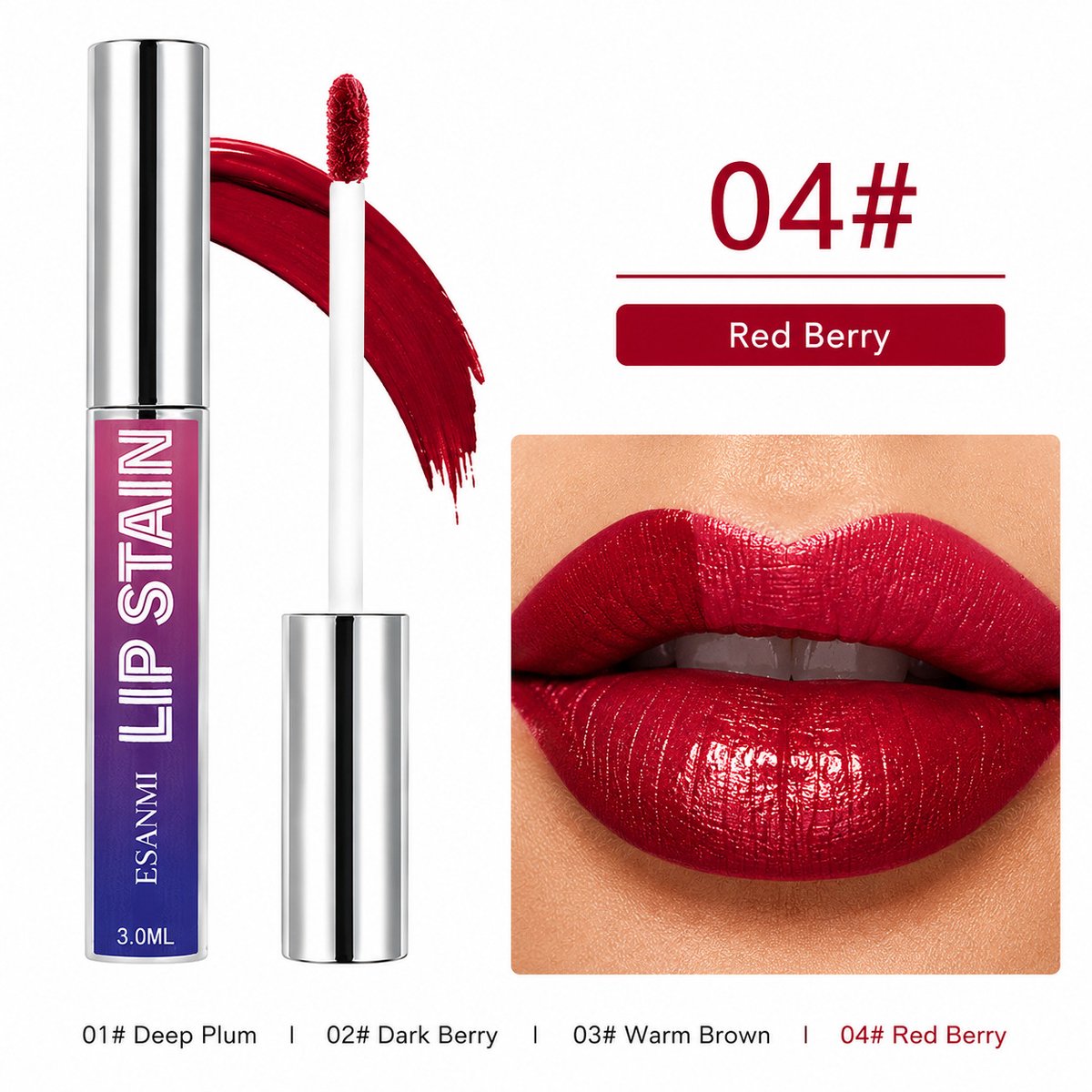 Lip Stain 04# Red Berry – Matte & Shimmer Lipkleur, Langhoudend en Waterproof