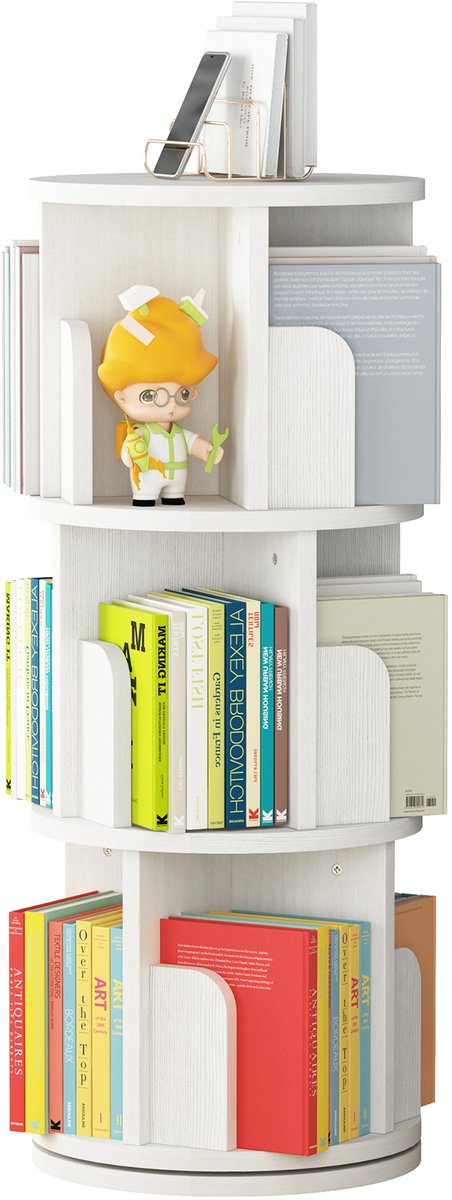 Draaiende Boekenkast 360 Graden - 40x40x98.5cm - 3 Lagen - Ruimtebesparende Ronde Boekenkast - Hoog Hoekrek - Voor Kantoor Slaapkamer Woonkamer - Wit