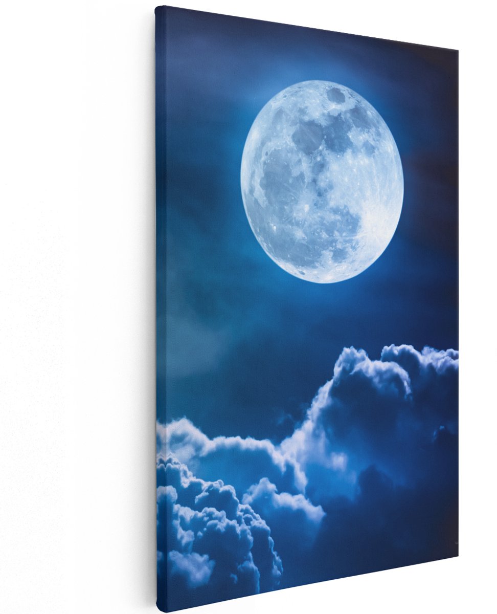 Artaza Canvas Schilderij Volle Maan bij Wolken - 100x150 cm - Groot - Wanddecoratie Woonkamer - Schilderijen - Muurdecoratie