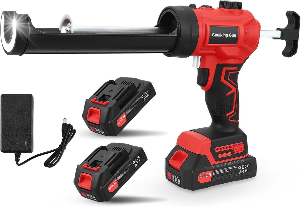 Krachtige Elektrische Cartridgepers met 2 x 2.0 Ah Batterij, Geschikt voor 18V Batterijen, Ideaal voor Silicoon en Lijm Toepassingen, 300 kg Duwkracht en LED Verlichting