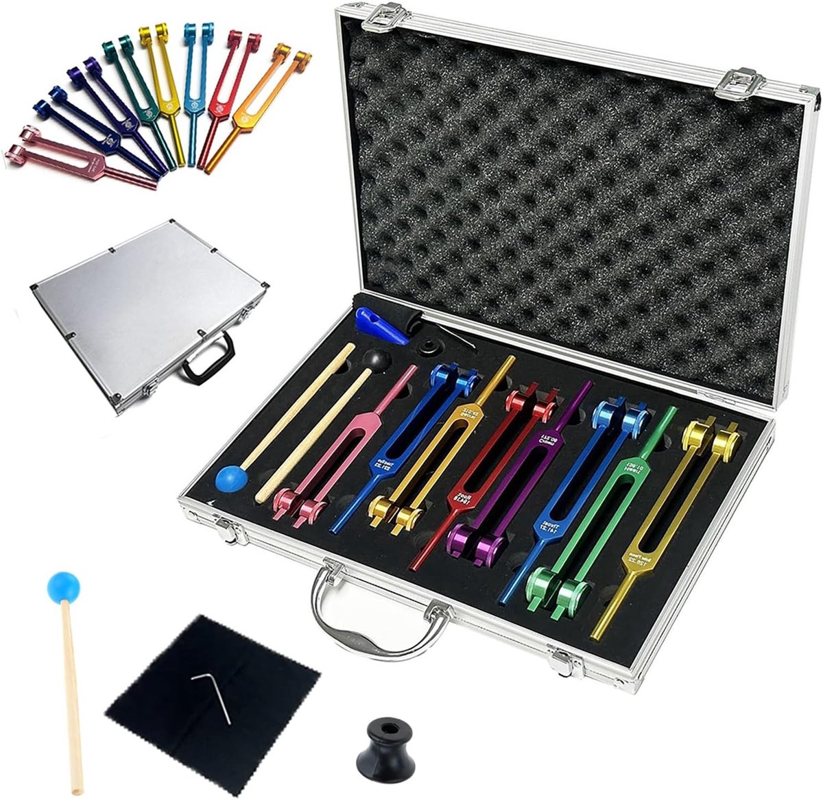 Therapeutische stemvorken set van 8, aluminium behuizing, voor meditatietherapie en klanktherapie, bevorder harmonie van geest, lichaam en ziel