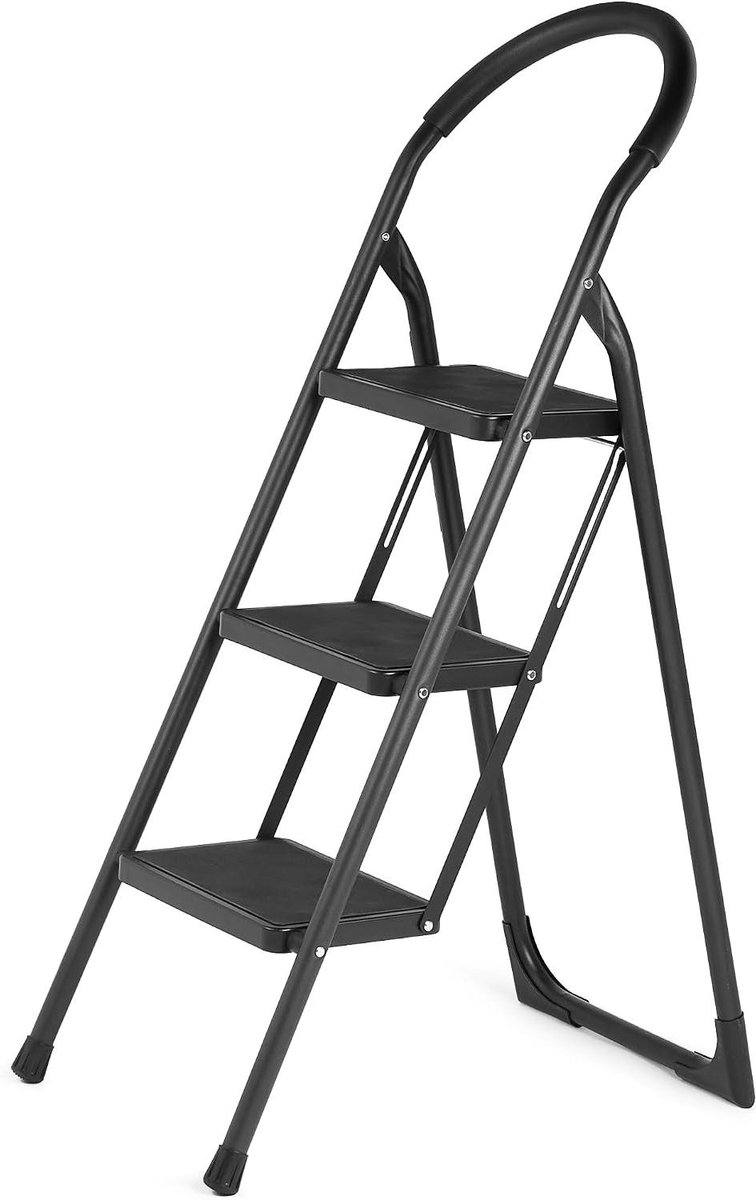 Vouwbare trapladder - Huishoudtrap opvouwbaar - Veilig klussen thuis - Extra brede treden - 3 treden - Zwart