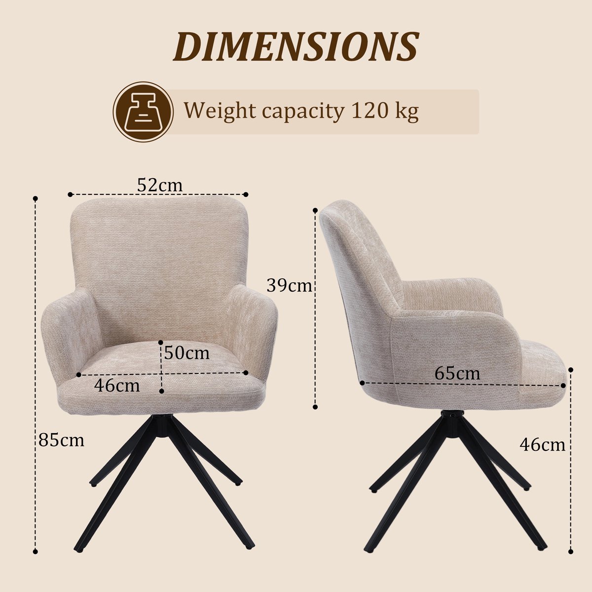 HomeMiYN Eetkamerstoelen set van 6 - Draaibare eetkamerstoel 360° met armleuning - Beige stoffen eetkamerstoel , zachte bekleding en stabiele metalen basis voor keuken, woonkamer en eetkamer