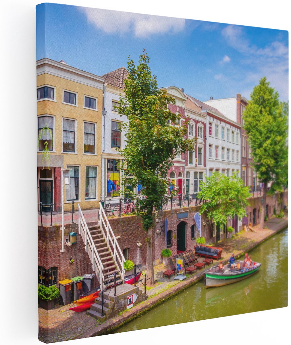 Artaza Canvas Schilderij Huisjes Aan De Oudegracht In Utrecht - 100x100 cm - Groot - Wanddecoratie Woonkamer - Schilderijen - Muurdecoratie