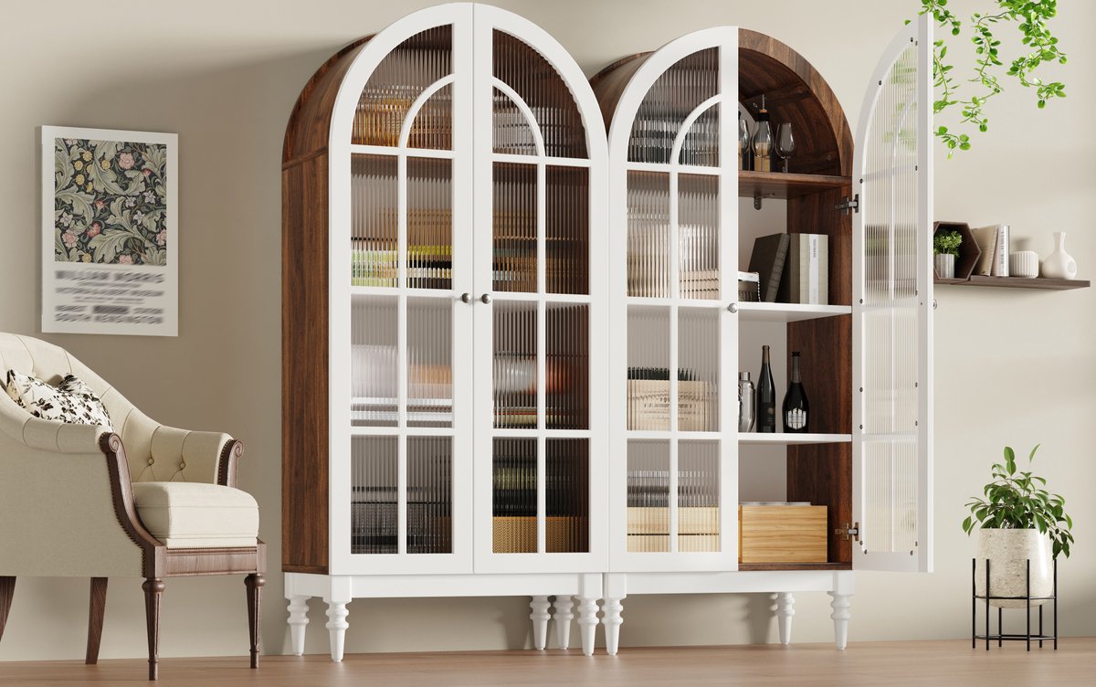 OKWISH Vitrinekast - Boogmodel Met Dubbele Geribbelde Glazen Deuren - 3 Legplanken Voor Woonkamer En Eetkamer - MDF Wit Walnoot - 76x38,5x165 Cm