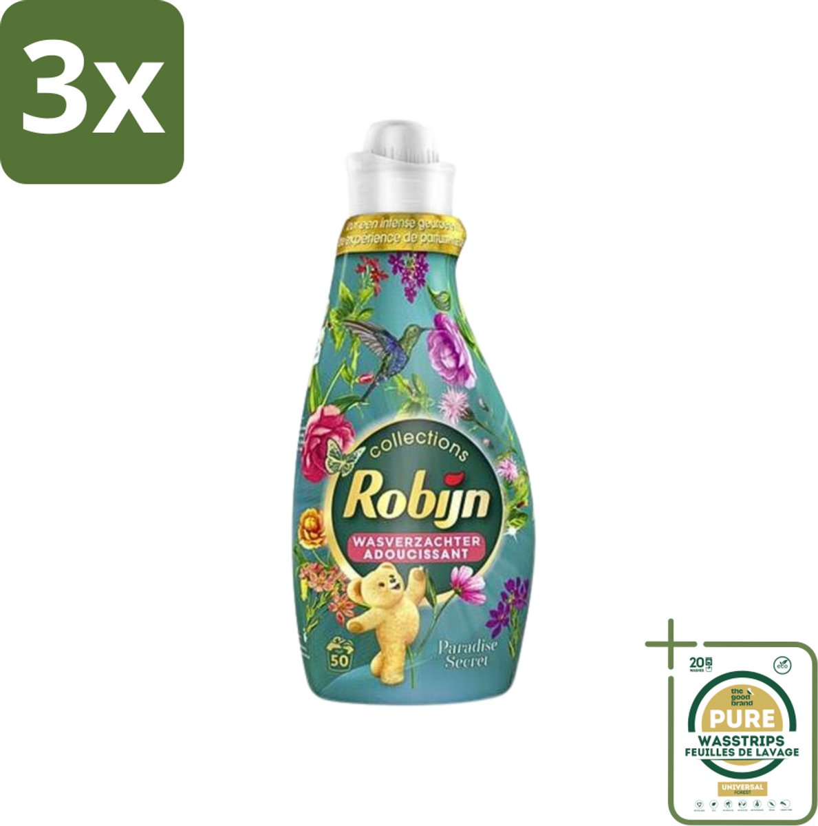 3 x Robijn Collections - Wasverzachter - Paradise Secret - 1,25L - 50 Wasbeurten - Grootverpakking - Wasverzachter - Luxe Wasverzachter - Parfum Wasverzachter - Zijdezachte Wasverzachter - Wasverzachter Voor Kleding